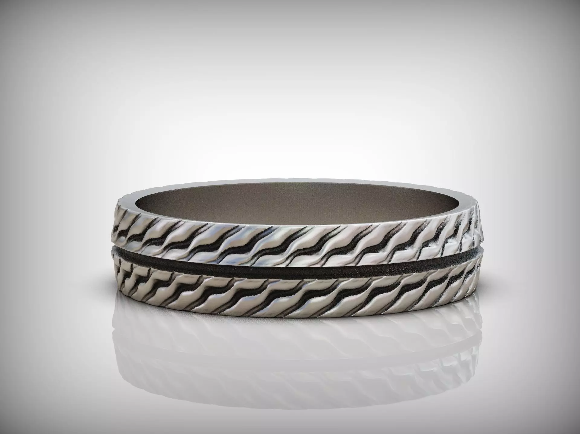 Wedding Band Ring with Wavy Texture Split by Smooth Central Band 3D print model_7