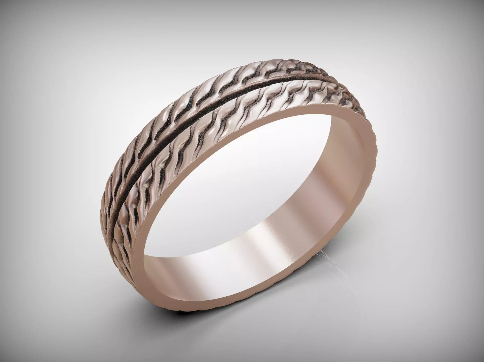 Wedding Band Ring with Wavy Texture Split by Smooth Central Band 3D print model_9