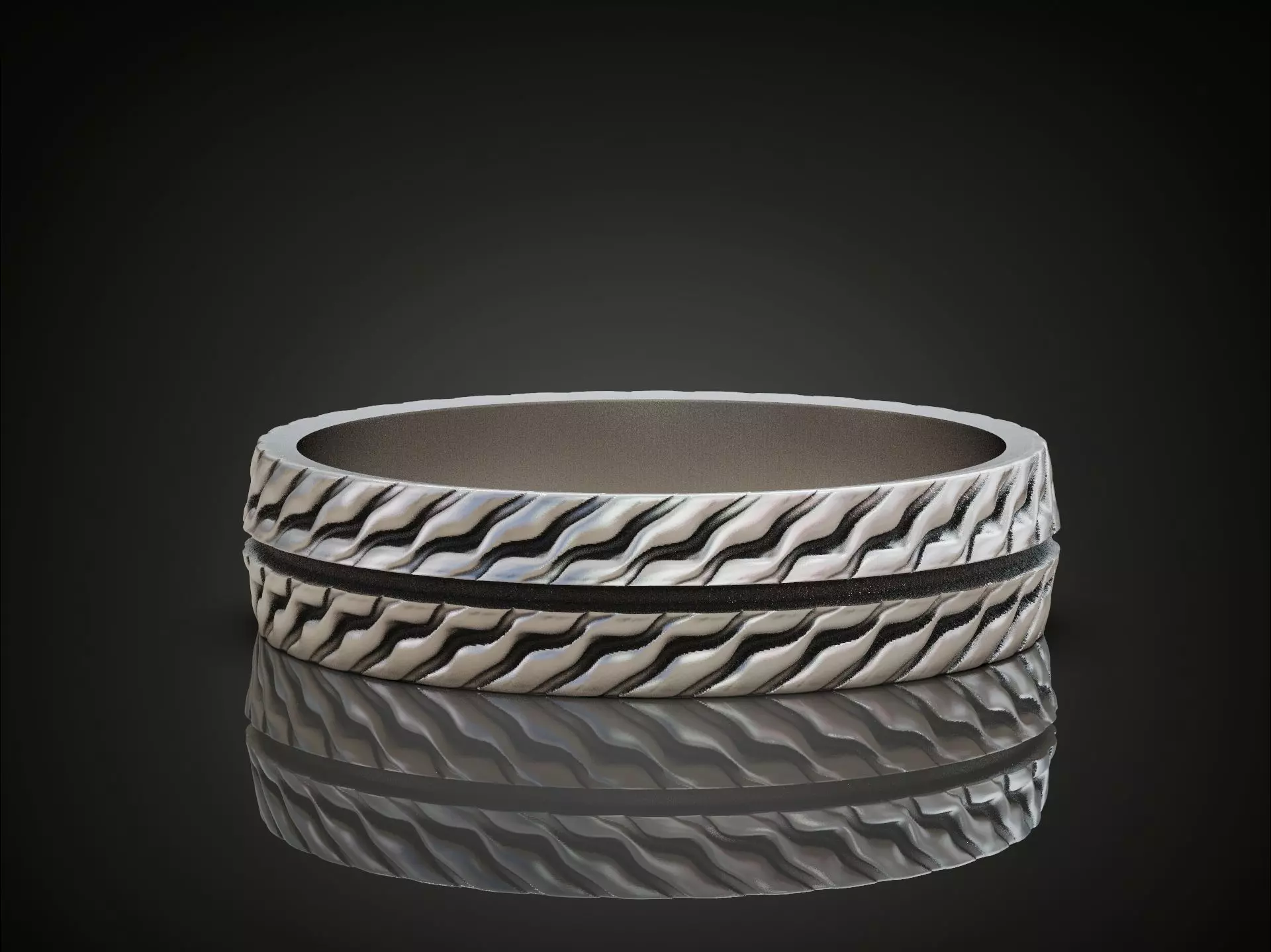 Wedding Band Ring with Wavy Texture Split by Smooth Central Band 3D print model_4