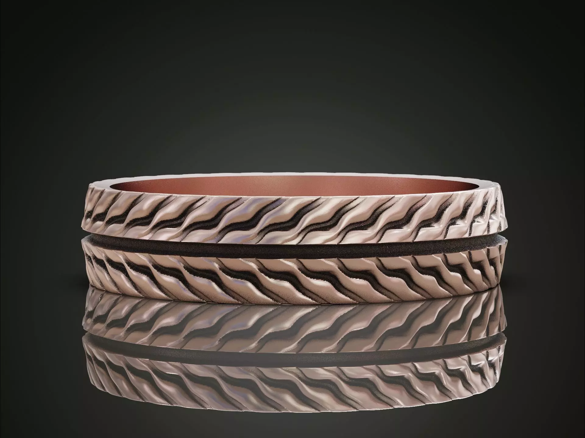 Wedding band ring with tread texture and central groove line 3D print model_3