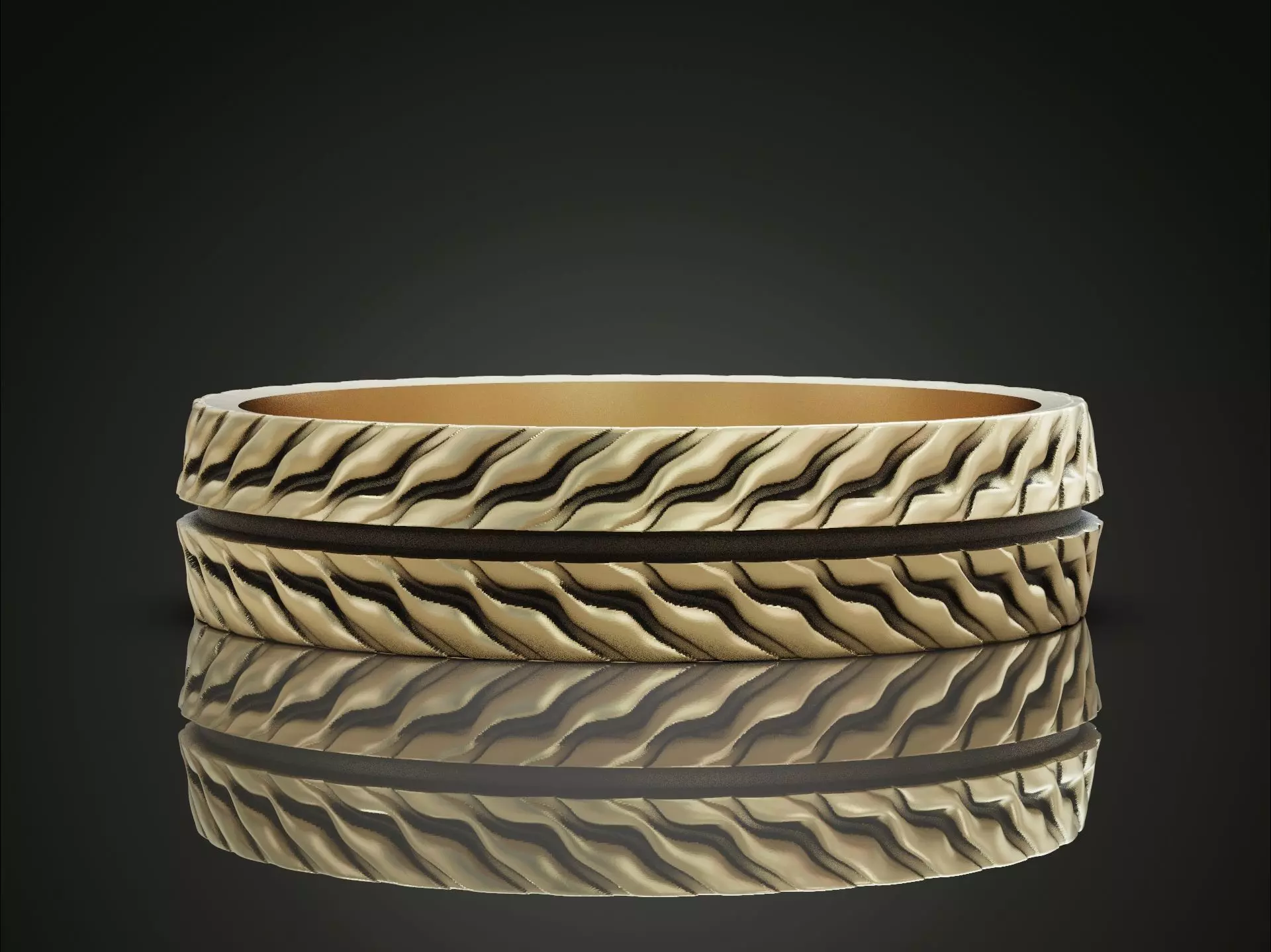 Wedding band ring with tread texture and central groove line 3D print model_5