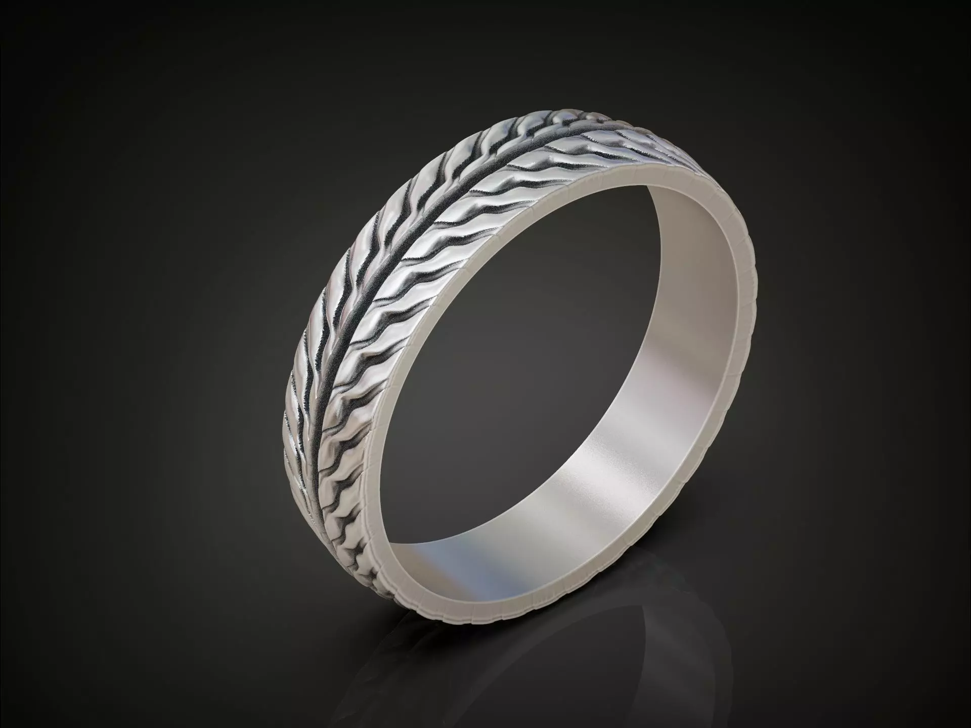 Wedding band ring with tread texture and central groove line 3D print model_2