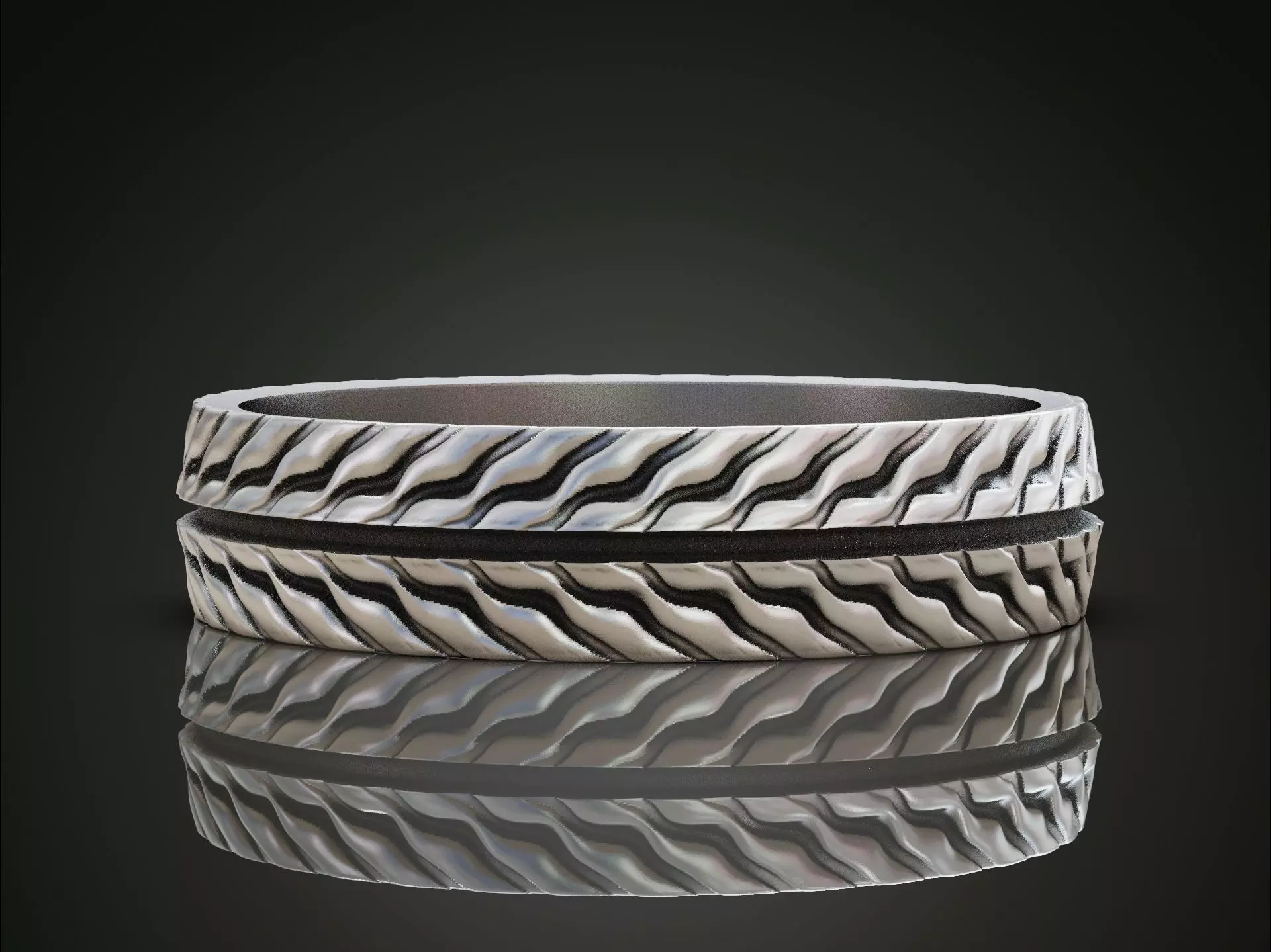 Wedding band ring with tread texture and central groove line 3D print model_4