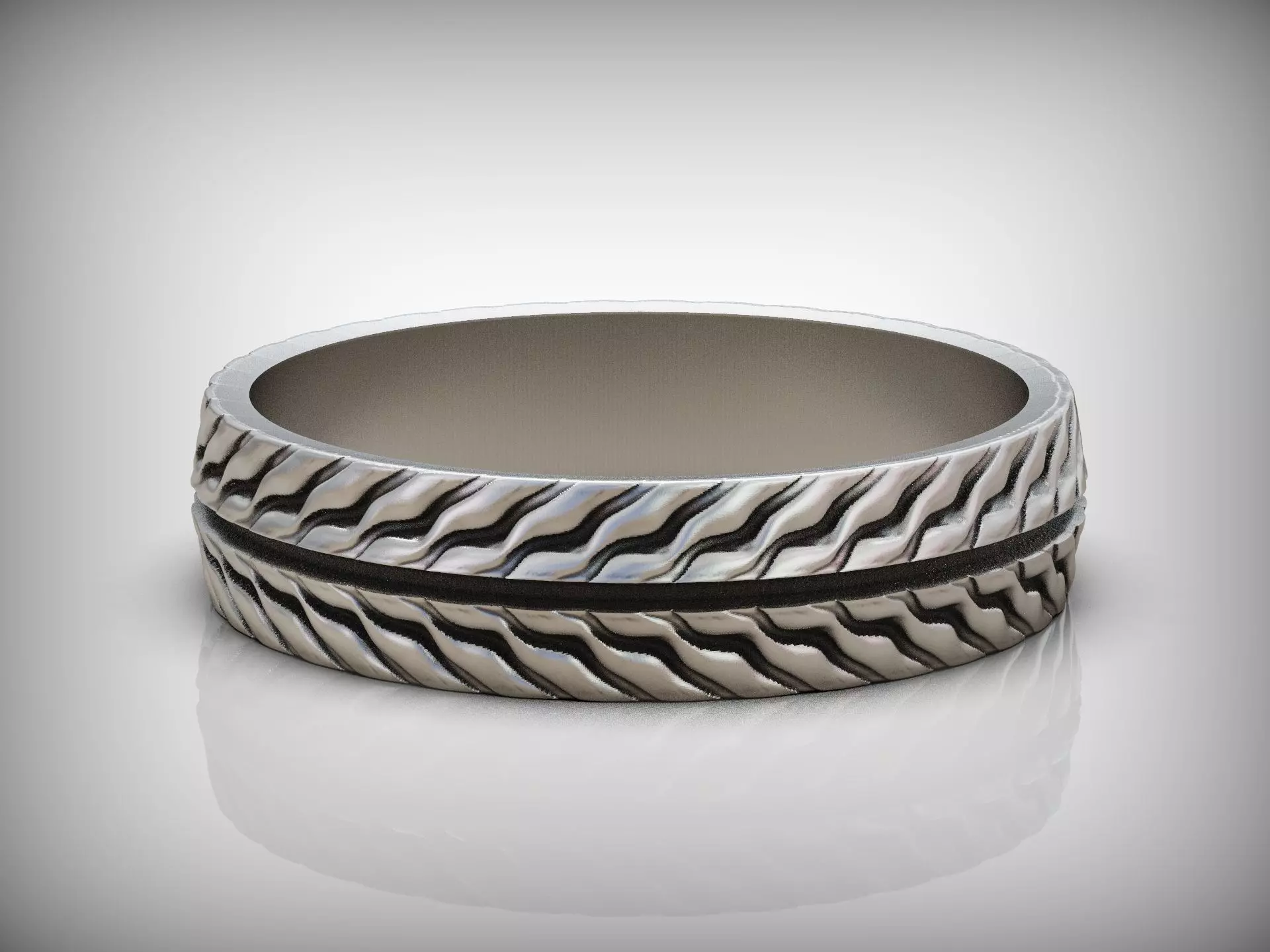 Wedding band ring with tread texture and central groove line 3D print model_13
