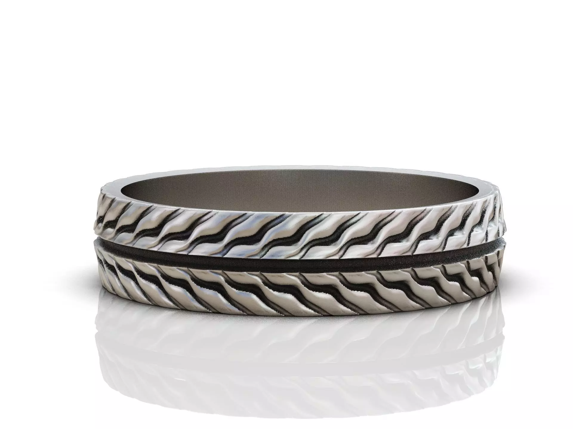 Wedding band ring with tread texture and central groove line 3D print model_8