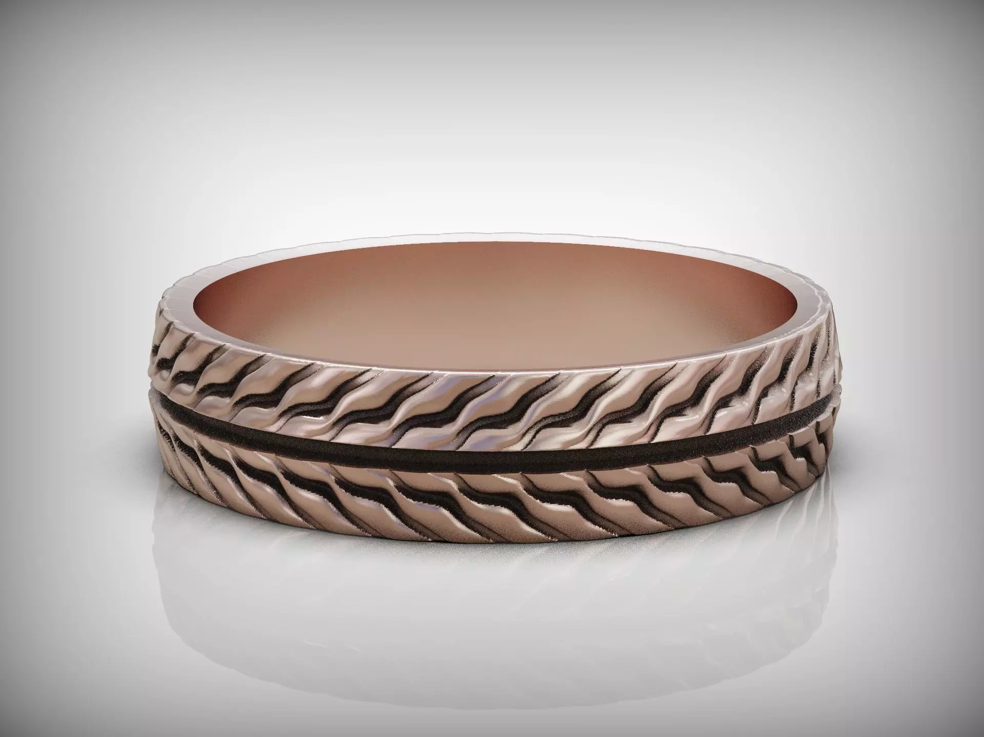 Wedding band ring with tread texture and central groove line 3D print model_15