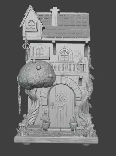 Fairy Cottage Wall Art 3D Fantasy House with Tree and Balcony 3D print model_0