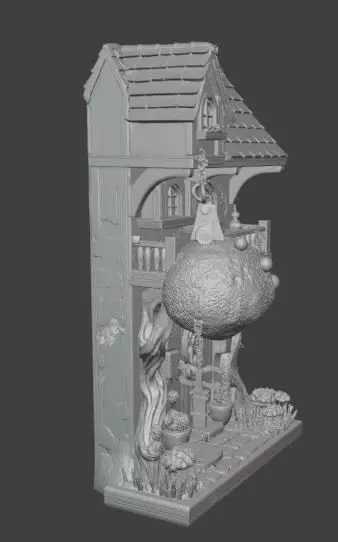 Fairy Cottage Wall Art 3D Fantasy House with Tree and Balcony 3D print model_4