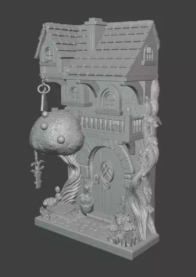 Fairy Cottage Wall Art 3D Fantasy House with Tree and Balcony 3D print model_1