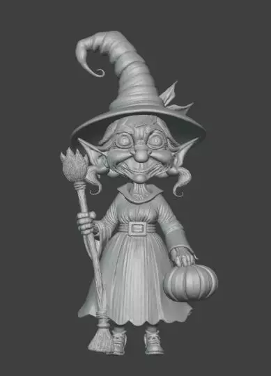 Cartoon Witch Figurine Fantasy Character with Hat and Broom 3D print model_0