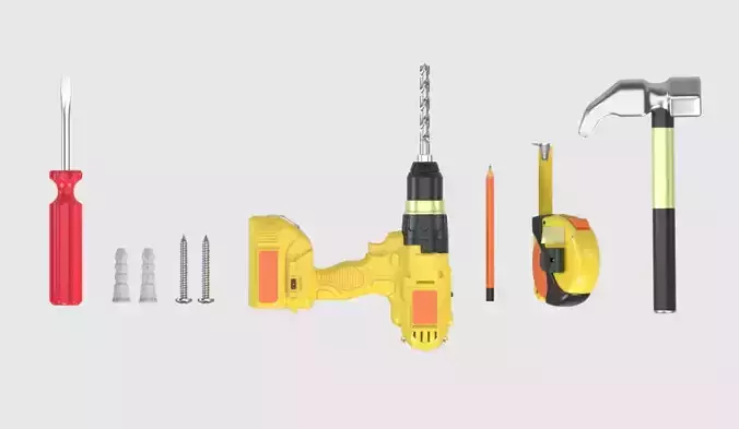 Installation pack Screwdriver Drill Screws Hammer Measure anchor 3D model