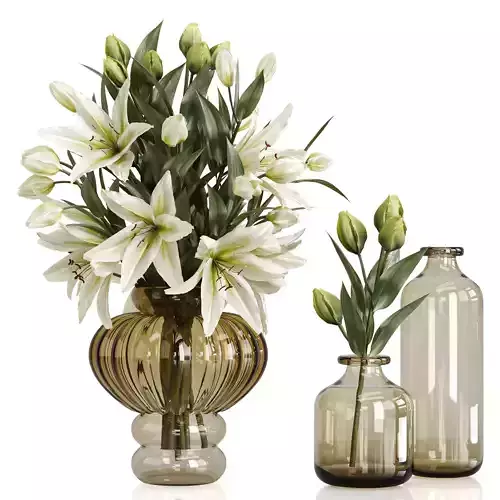 Lily Bouquet with Amber Glass Vases 3D model