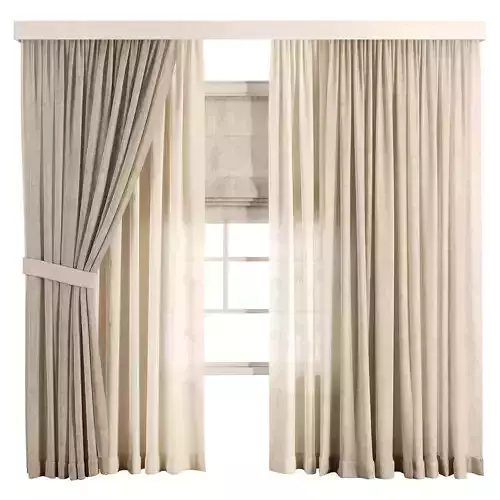 Triple Layer Natural Linen Curtain Set 3D model