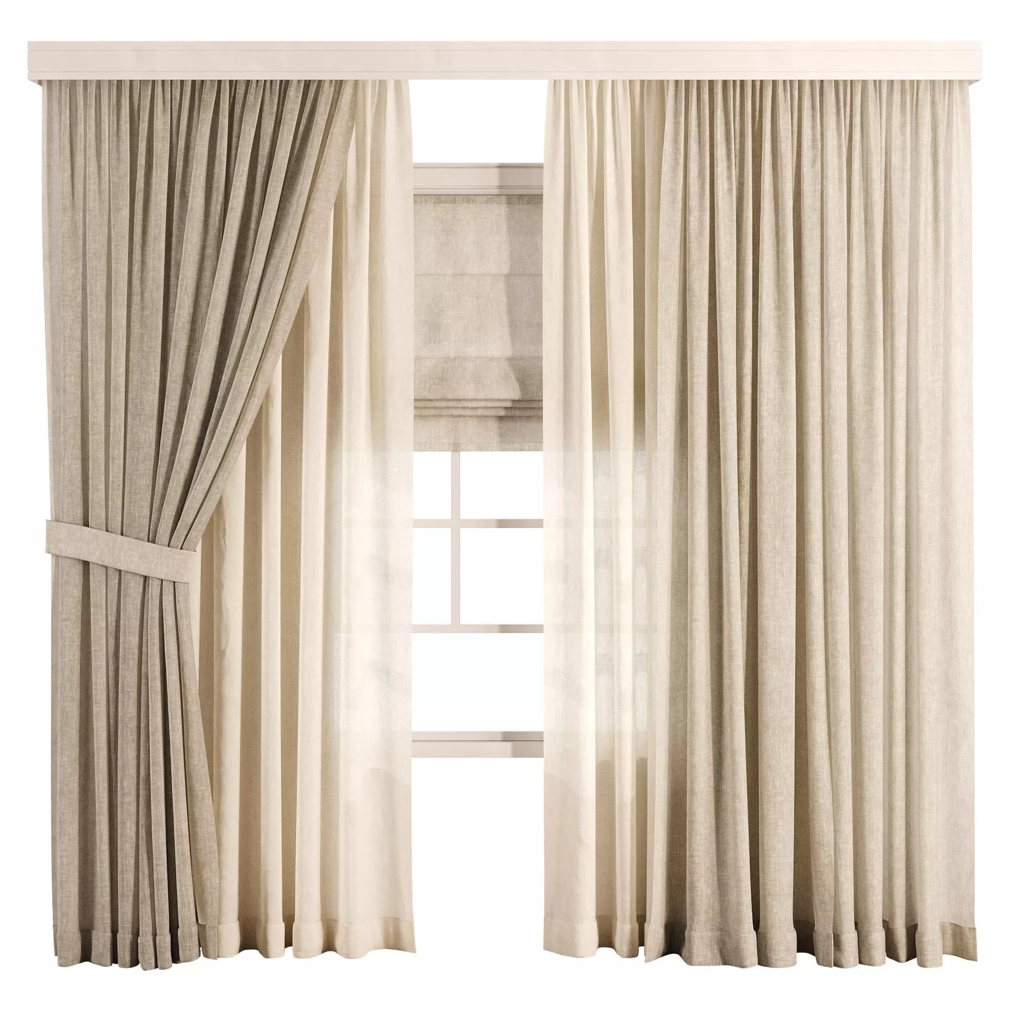 Triple Layer Natural Linen Curtain Set 3D model