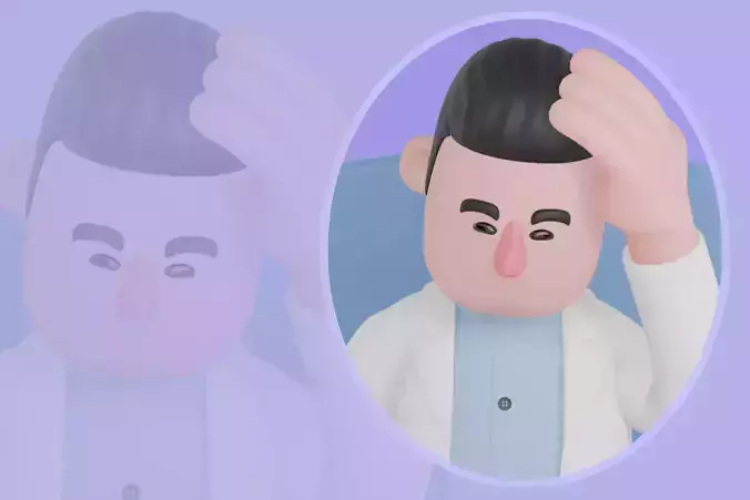 Stylized 3D Male Doctor Character-Sitting Tired Holding Forehead