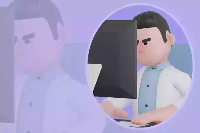 Stylized 3D Male Doctor Character - Sitting Working at Desk