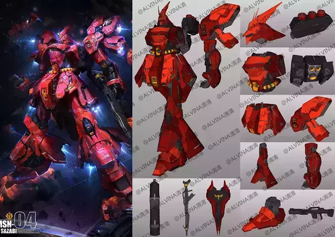 Gundam SAZABI Armor - DIY Cosplay Pepakura Foam Template Low-poly 3D model