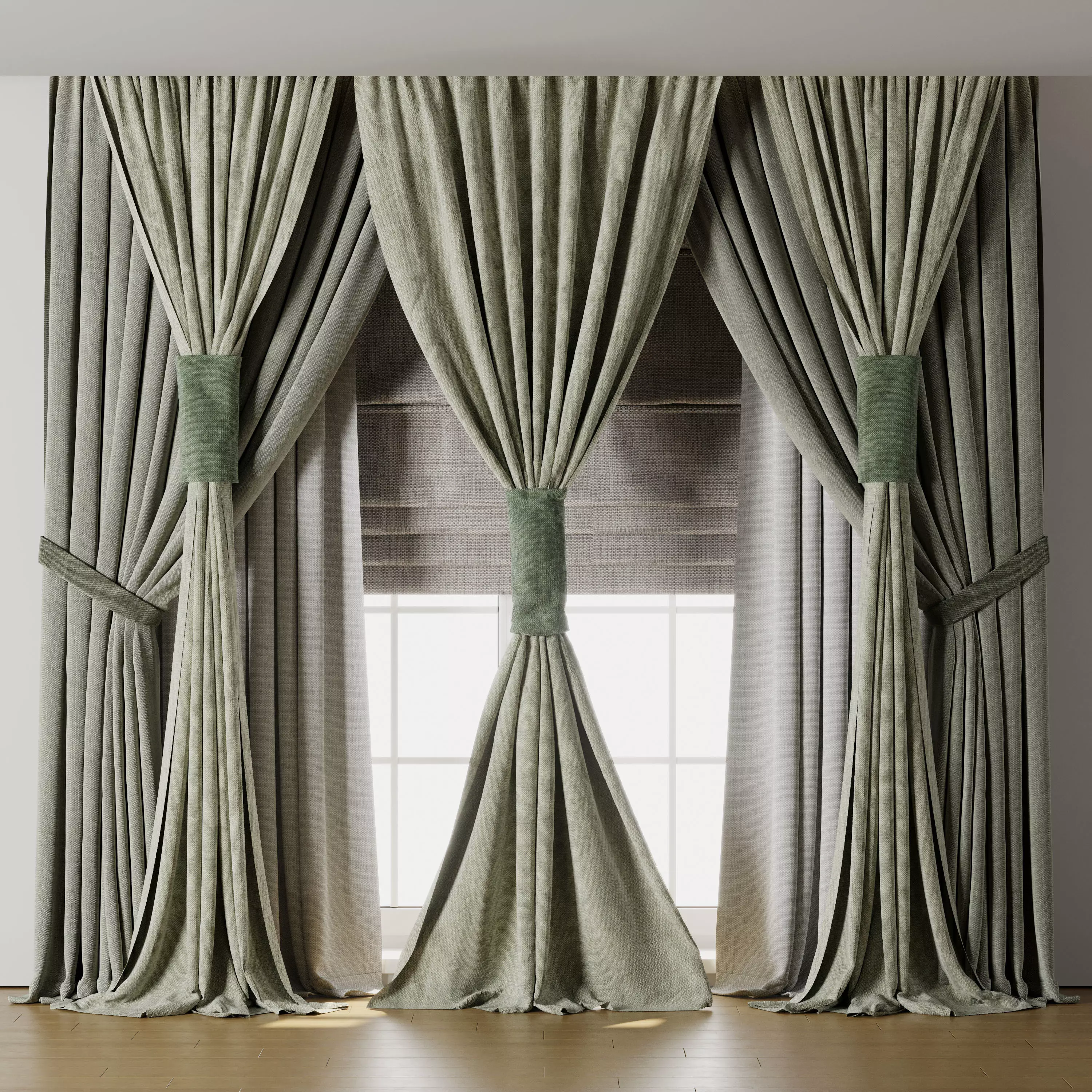 Classic green Curtain with Roman blinds Curtain 021 HBH Low-poly 3D model_0