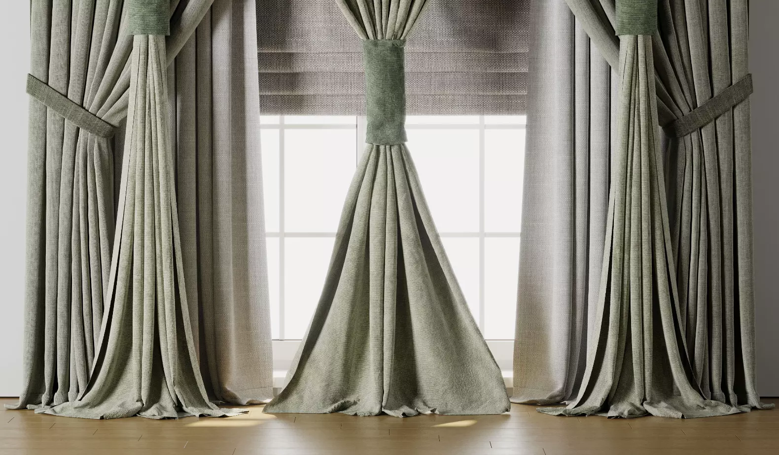 Classic green Curtain with Roman blinds Curtain 021 HBH Low-poly 3D model_8