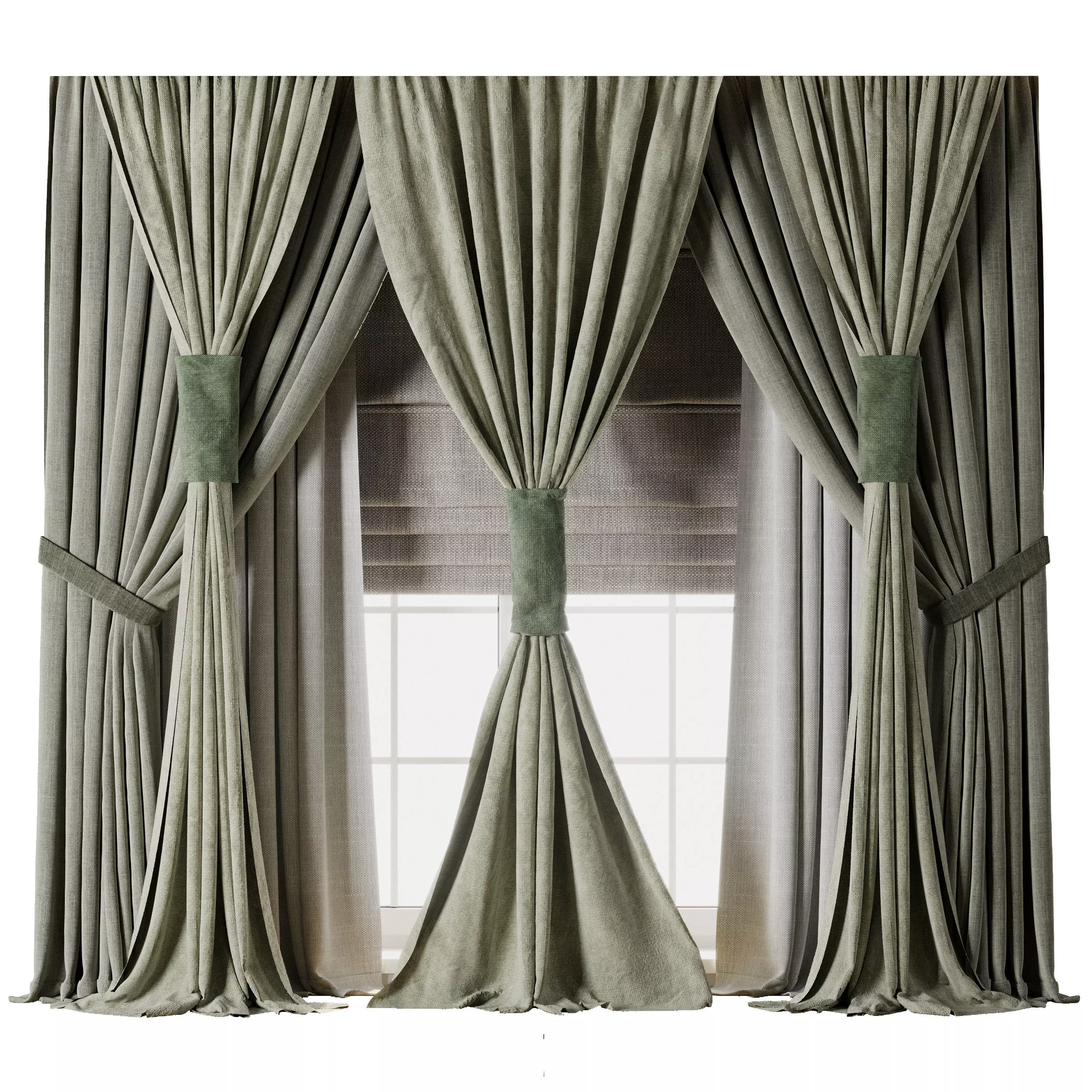 Classic green Curtain with Roman blinds Curtain 021 HBH Low-poly 3D model_1