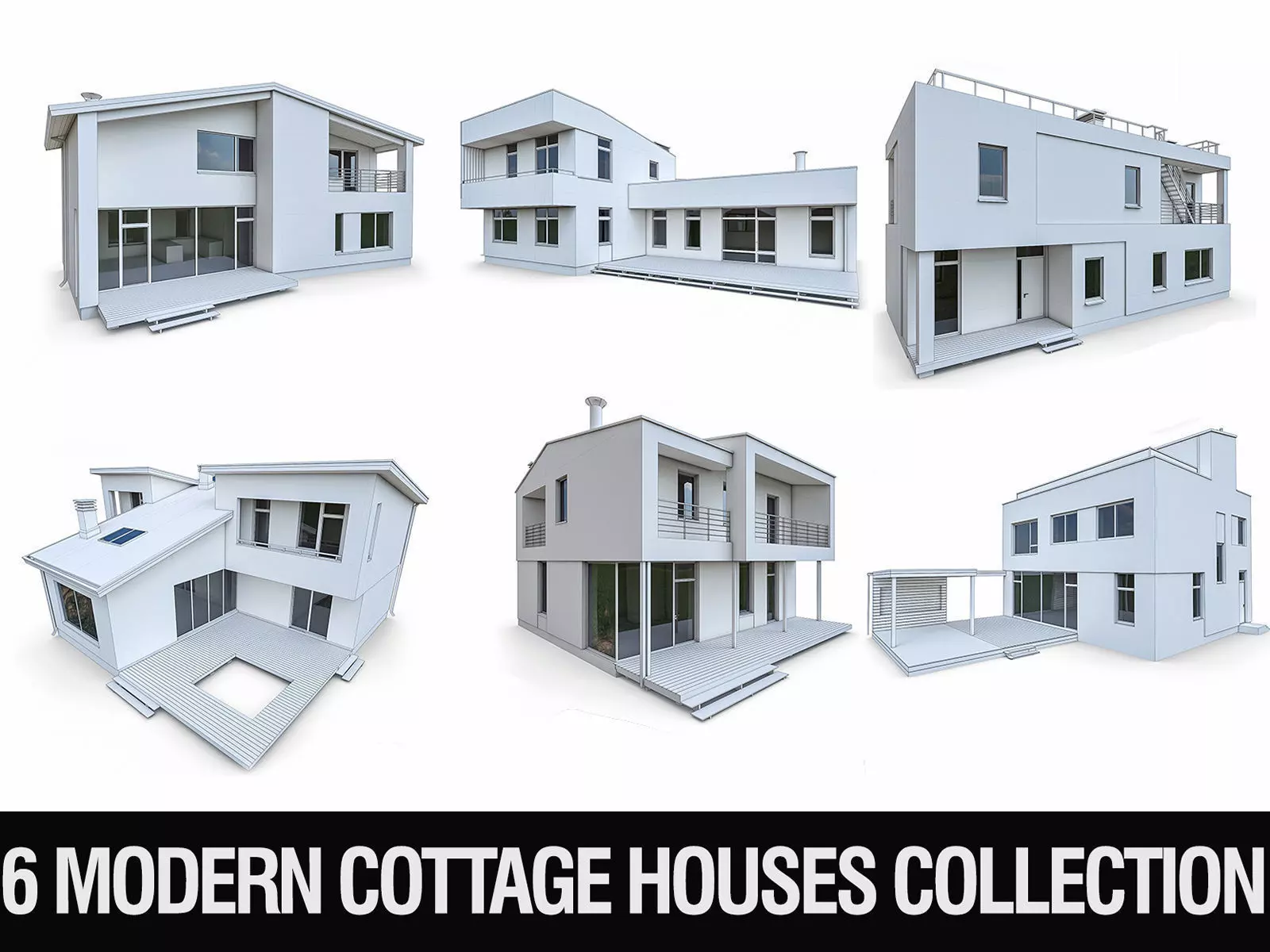 Modern Cottage Houses- 6 Pack Low-poly 3D model_0