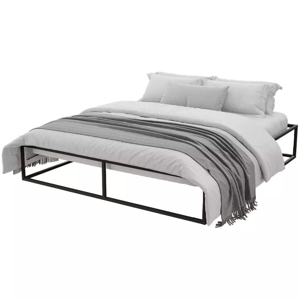 Minimal Metal Platform Bed with Bedding 3D model