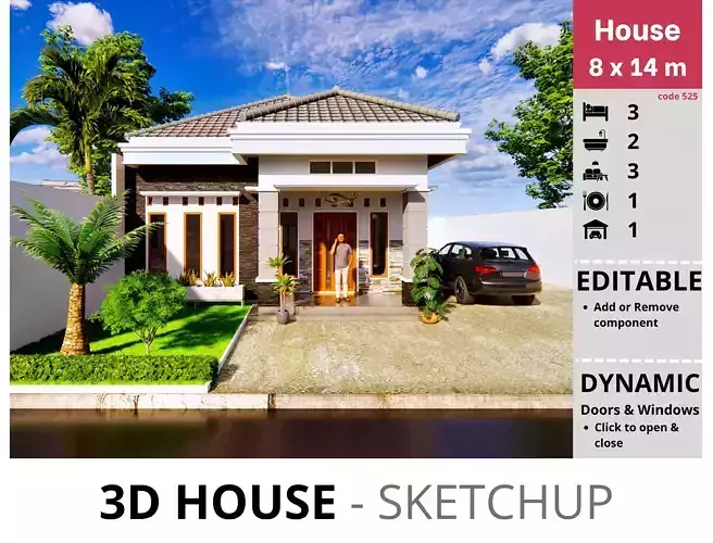 House 8x14m code 525 - Sketchup 3D model 3D model