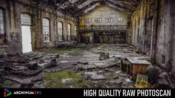 Abandoned hall with a wooden mezzanine