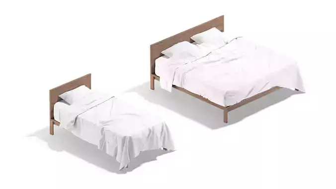 White Wooden Bed Set - 2 type single and doublebed  3D model