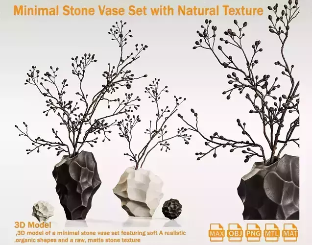 Minimal Stone Vase Set with Natural Texture 3D model