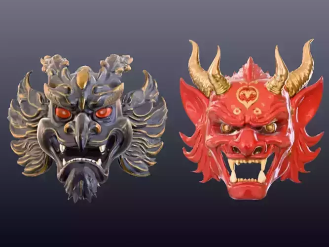 A commanding Tengu ma   A majestic Oni mask Low-poly 3D model