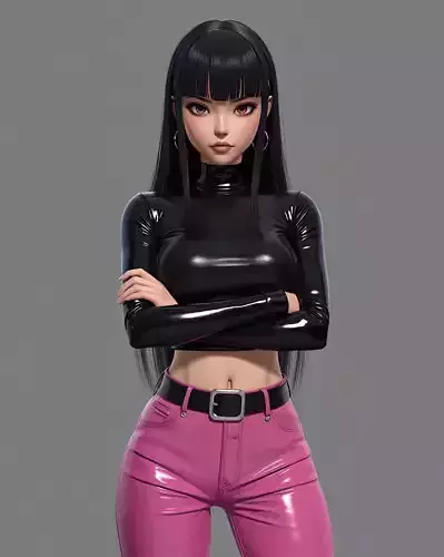 Stylish 3D Girl in Black Top and Pink Pants