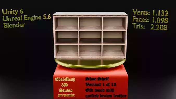 Shoe Shelf - Variant 1 of 13 Old wood with quilted brown leather Low-poly 3D model