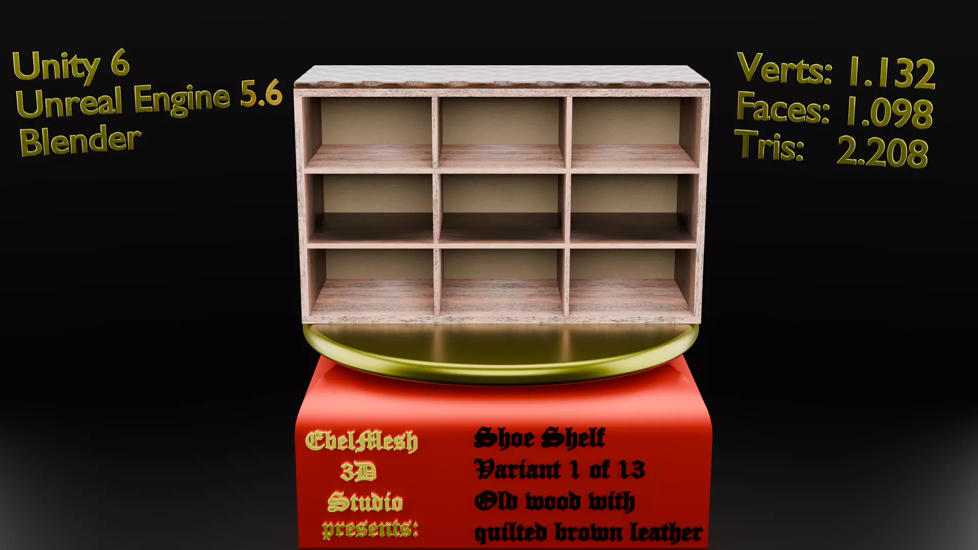 Shoe Shelf - Variant 1 of 13 Old wood with quilted brown leather Low-poly 3D model_0