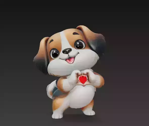 Cute Puppy Holding Heart - Cartoon Dog 3D Model 3D print model