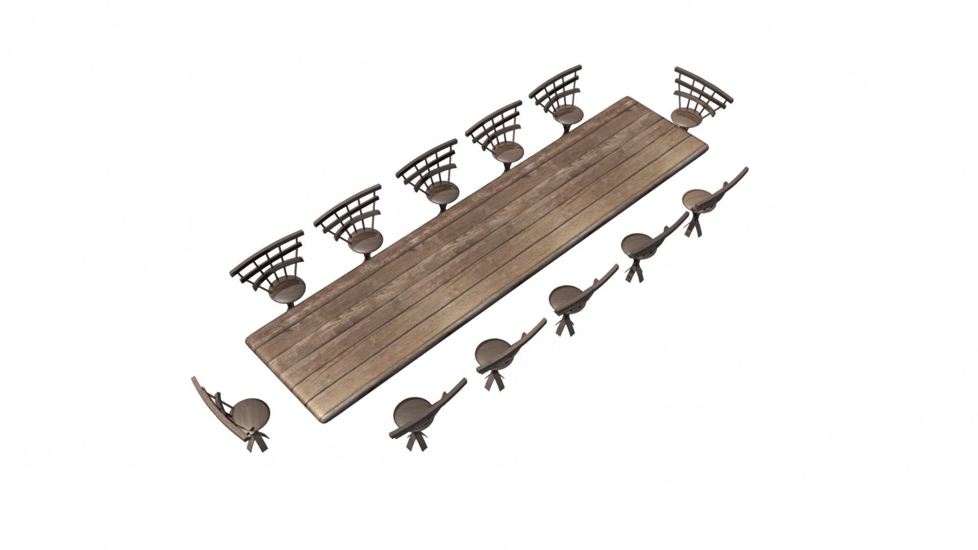 Wooden Dining Table And Chairs Low-poly 3D model_10