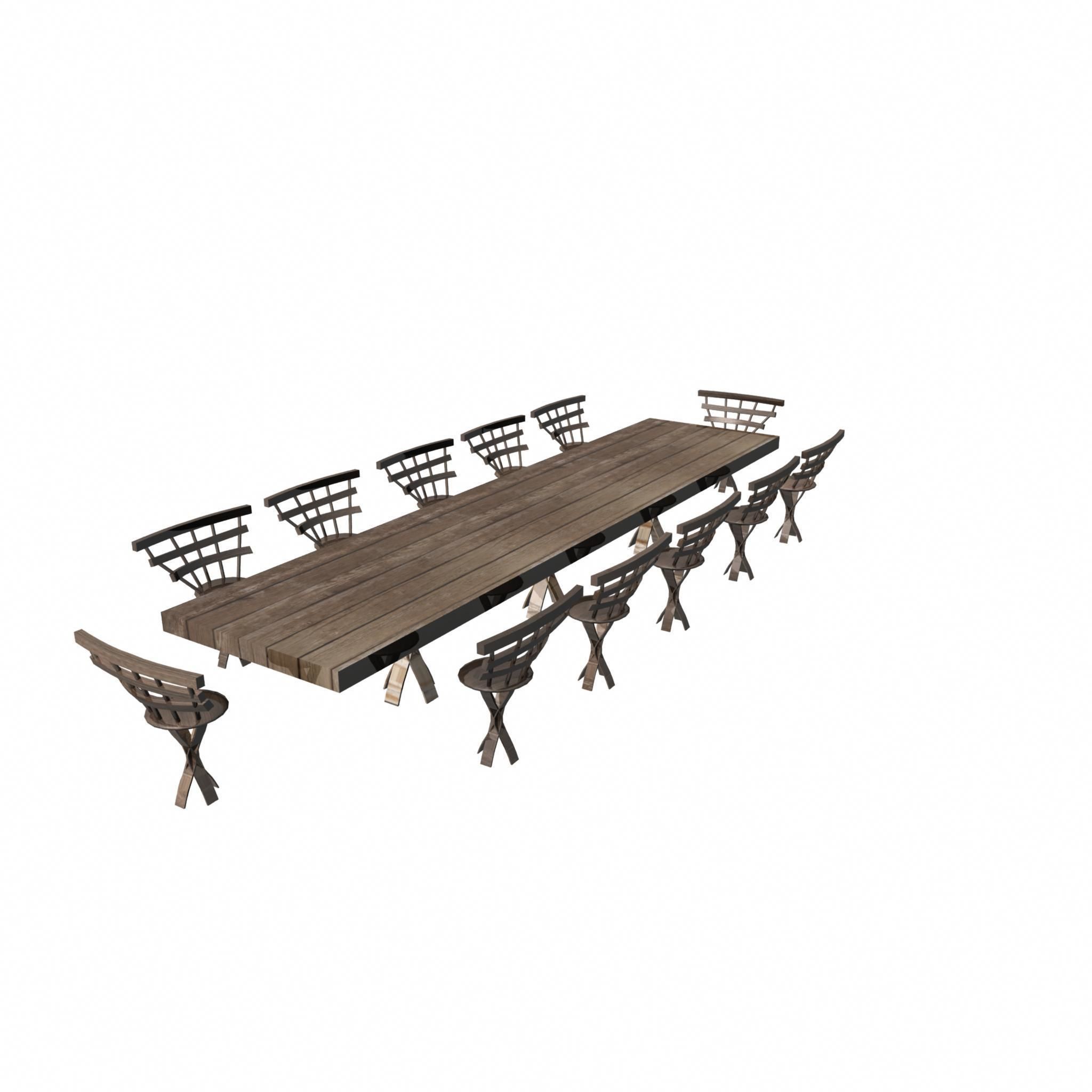Wooden Dining Table And Chairs Low-poly 3D model_2