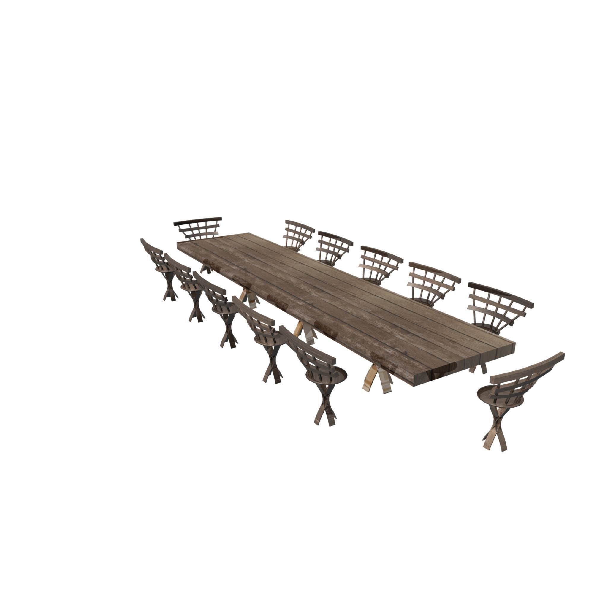 Wooden Dining Table And Chairs Low-poly 3D model_1