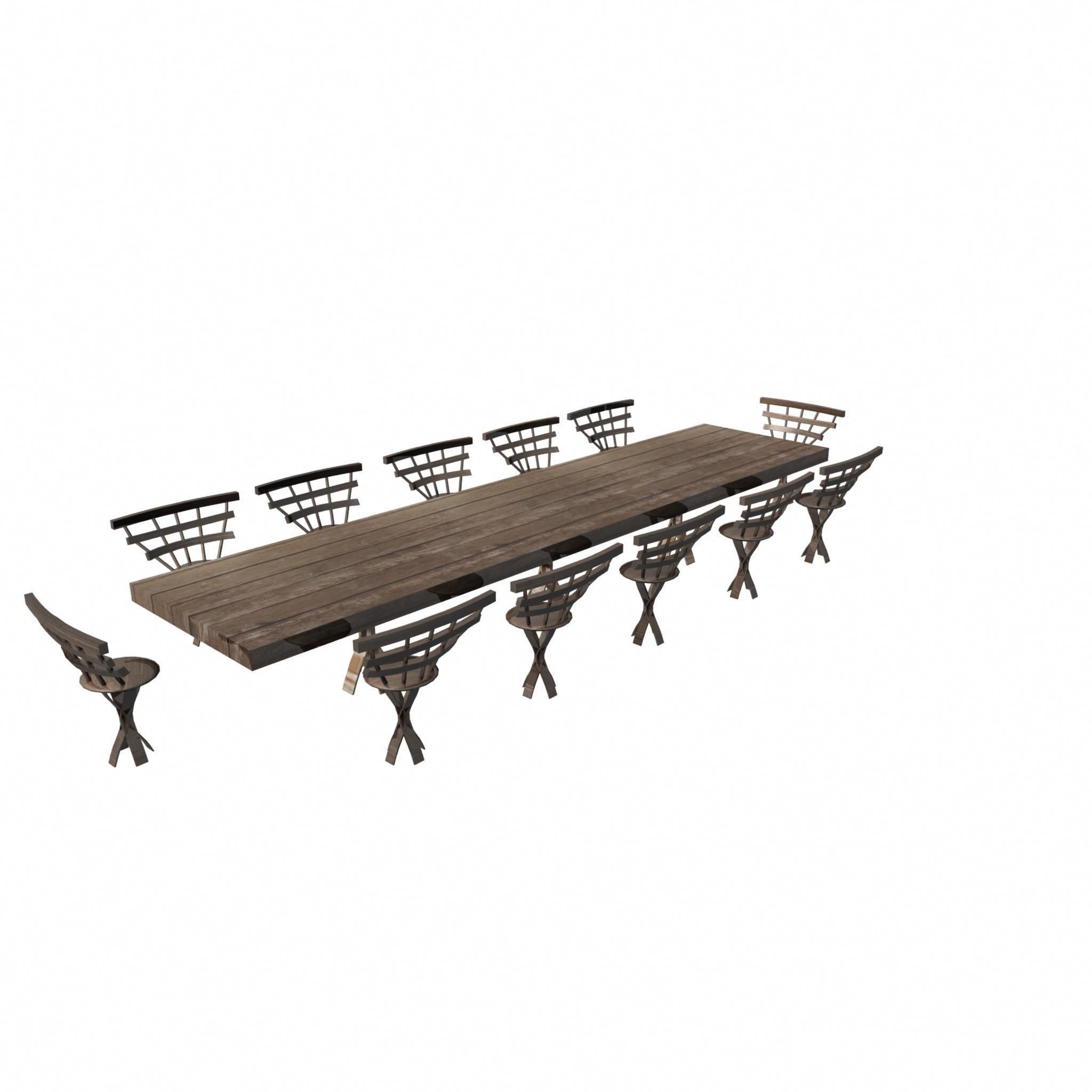 Wooden Dining Table And Chairs Low-poly 3D model_4