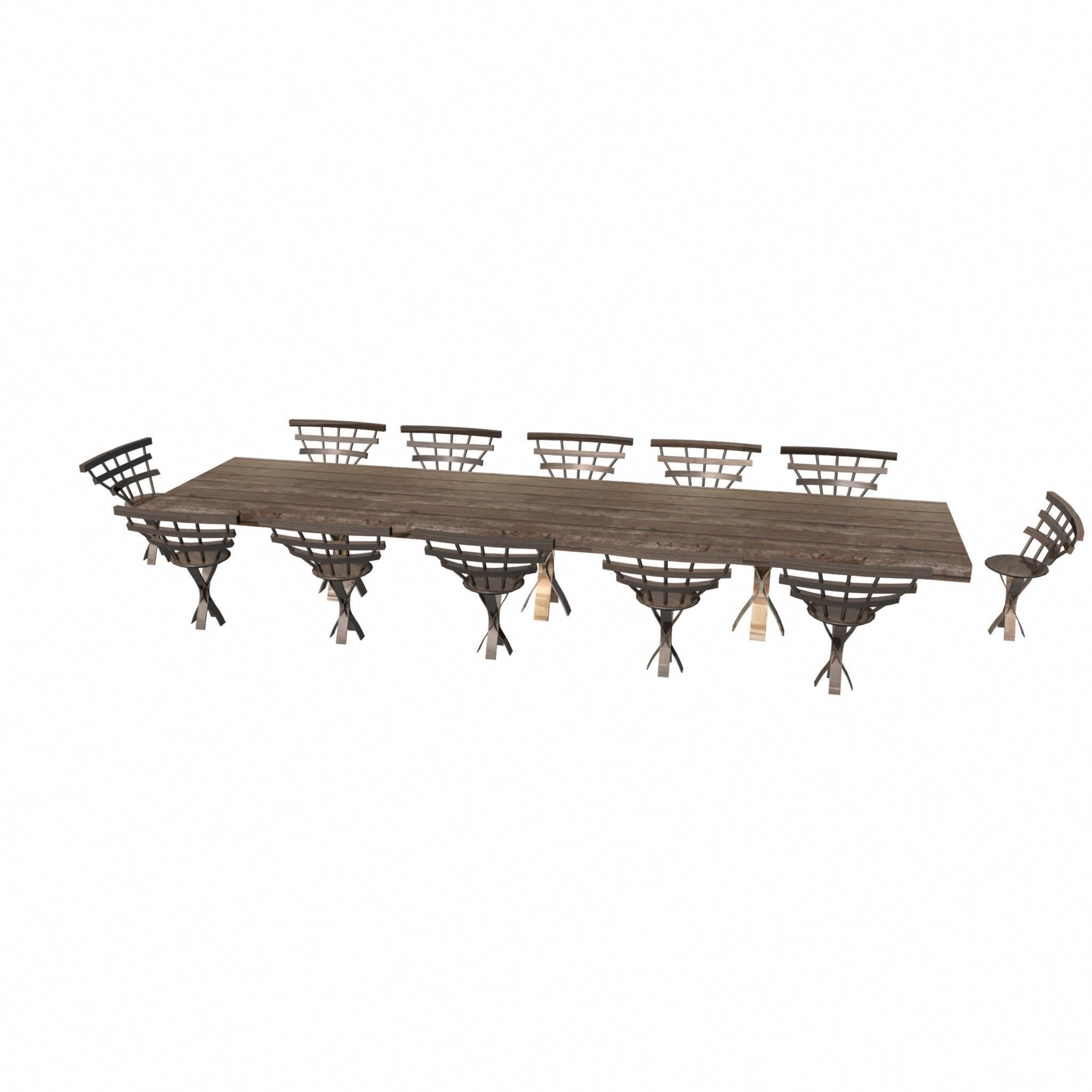 Wooden Dining Table And Chairs Low-poly 3D model_7