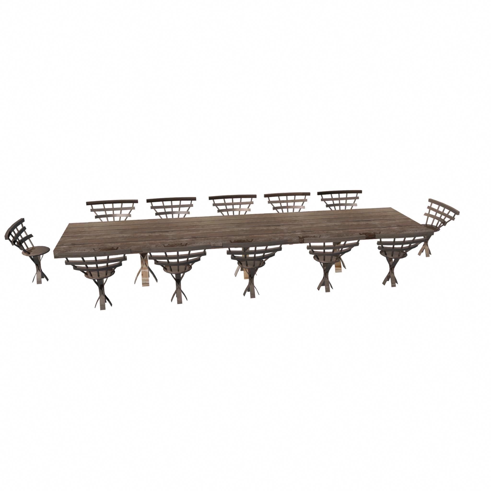 Wooden Dining Table And Chairs Low-poly 3D model_3