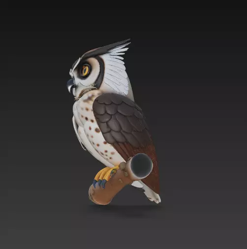 Stylized Horned Owl on Perch - CGI and 3D Print Decorative Bird 3D