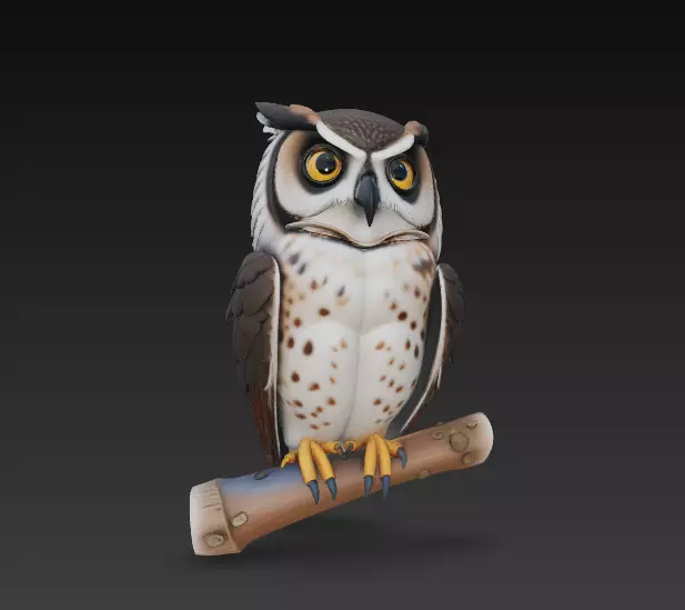 Stylized Horned Owl on Perch - CGI and 3D Print Decorative Bird 3D