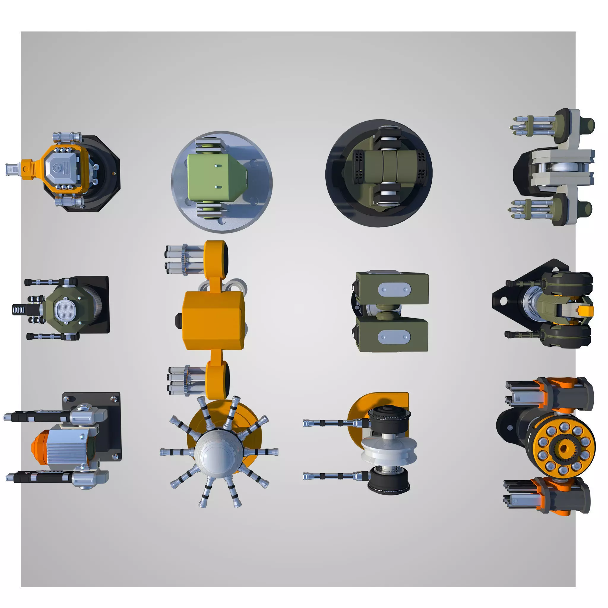 12 Rigged Turrets PACK - part1 and part2 Low-poly 3D model_0