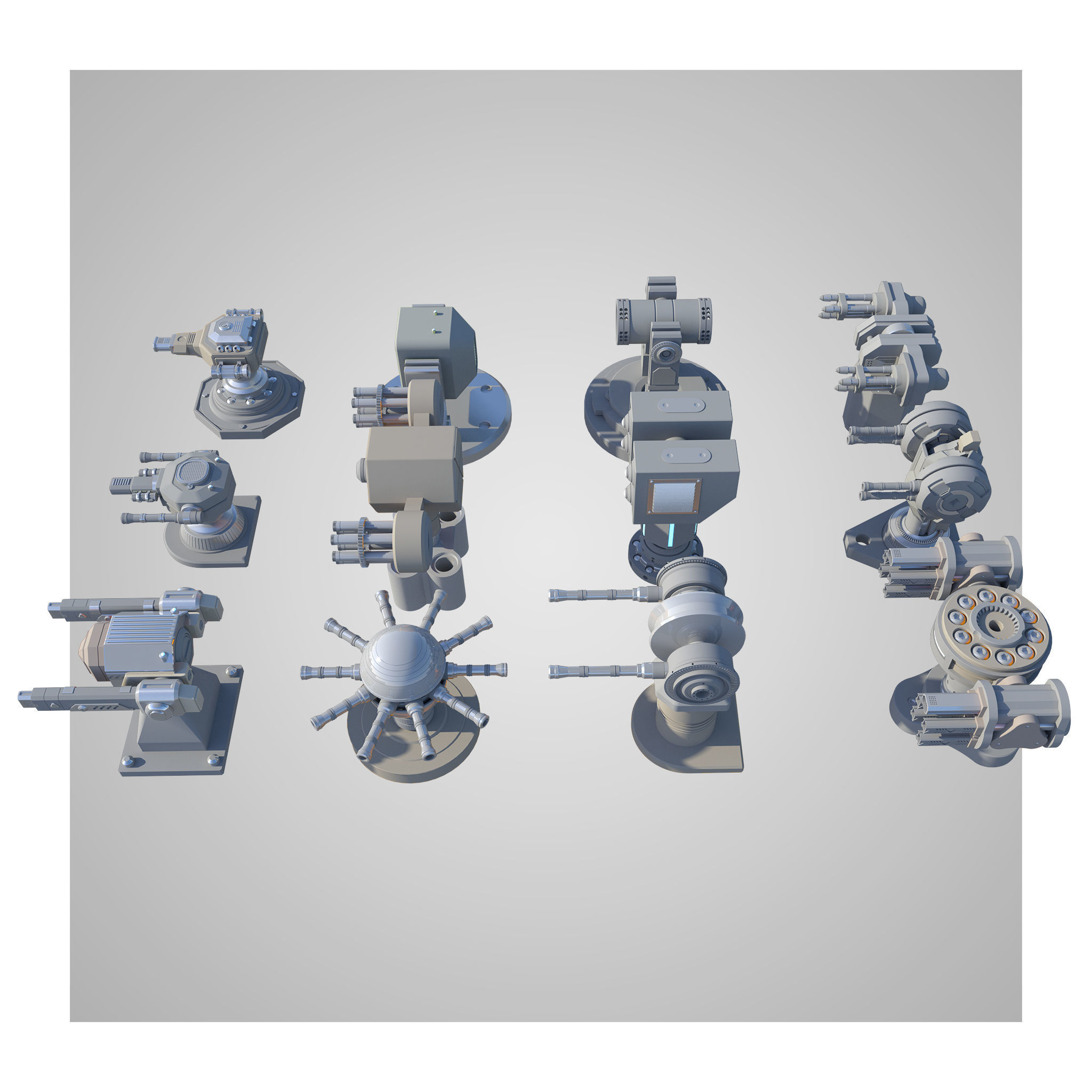 12 Rigged Turrets PACK - part1 and part2 Low-poly 3D model_1