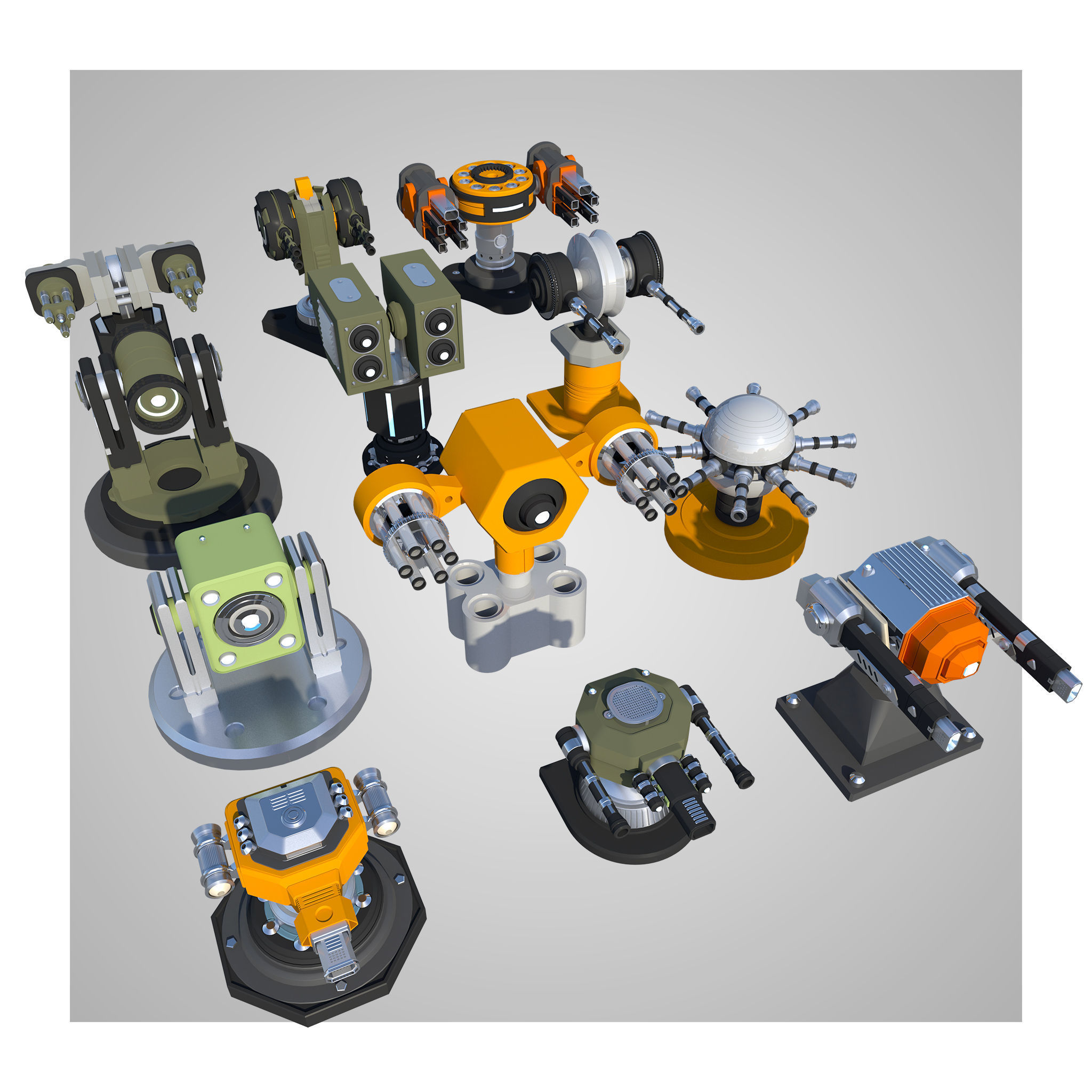 12 Rigged Turrets PACK - part1 and part2 Low-poly 3D model_2