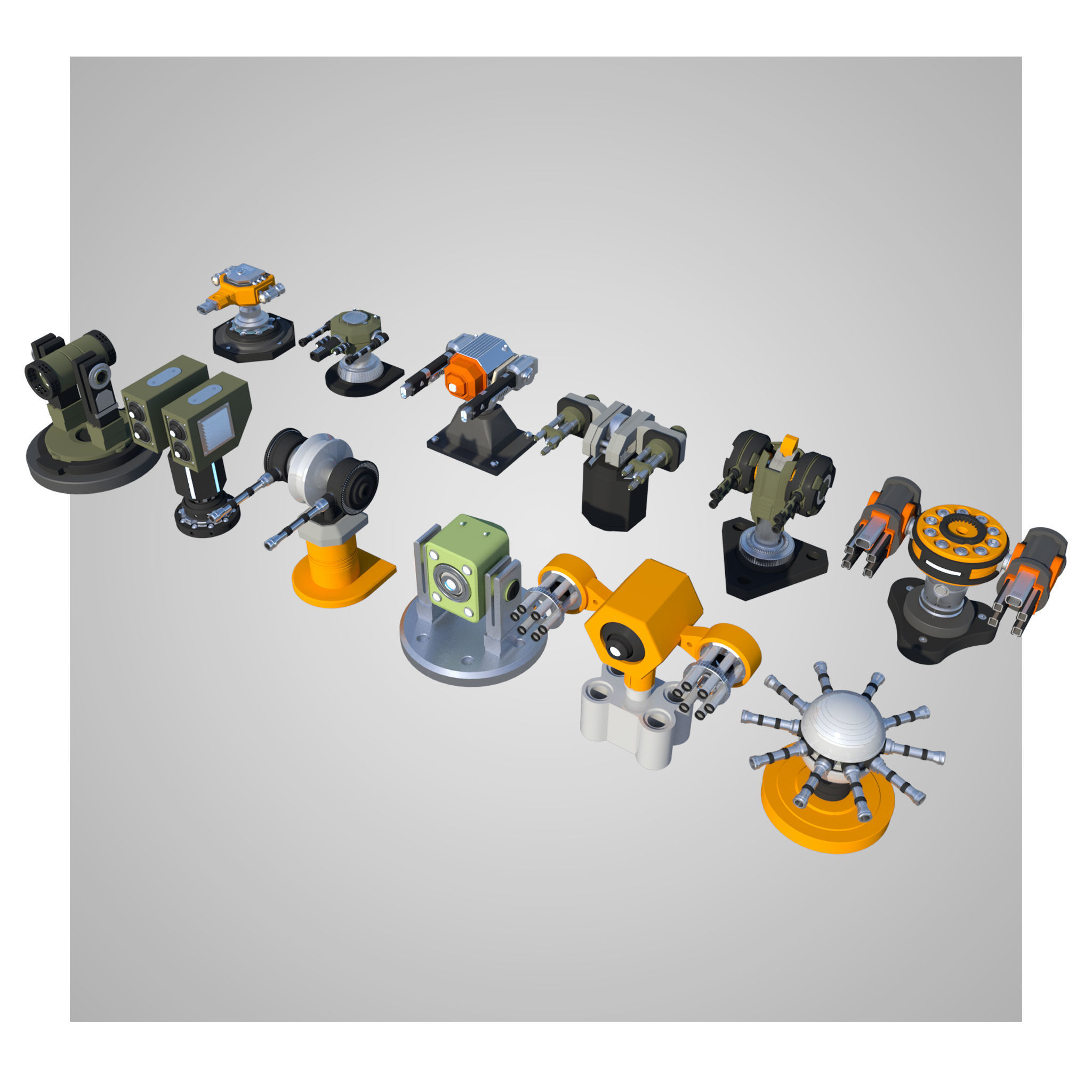 12 Rigged Turrets PACK - part1 and part2 Low-poly 3D model_19