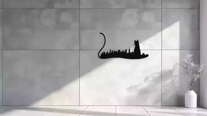 Cat City Skyline Silhouette Wall Art Decor
