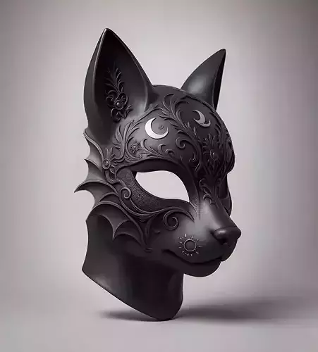 Elegant Black Fox Mask with Ornate Carvings