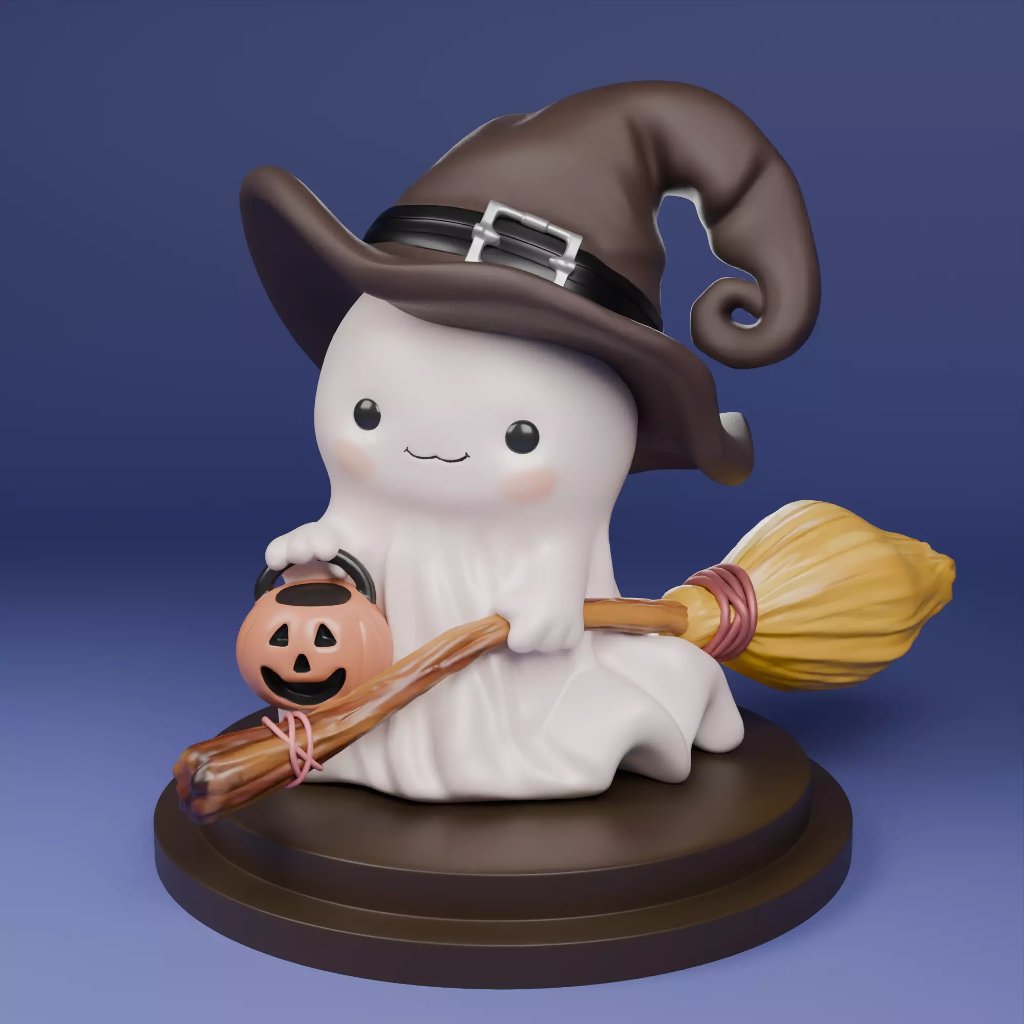 Kawaii Halloween Ghost with Pumpkin and Broom 3D print model_0